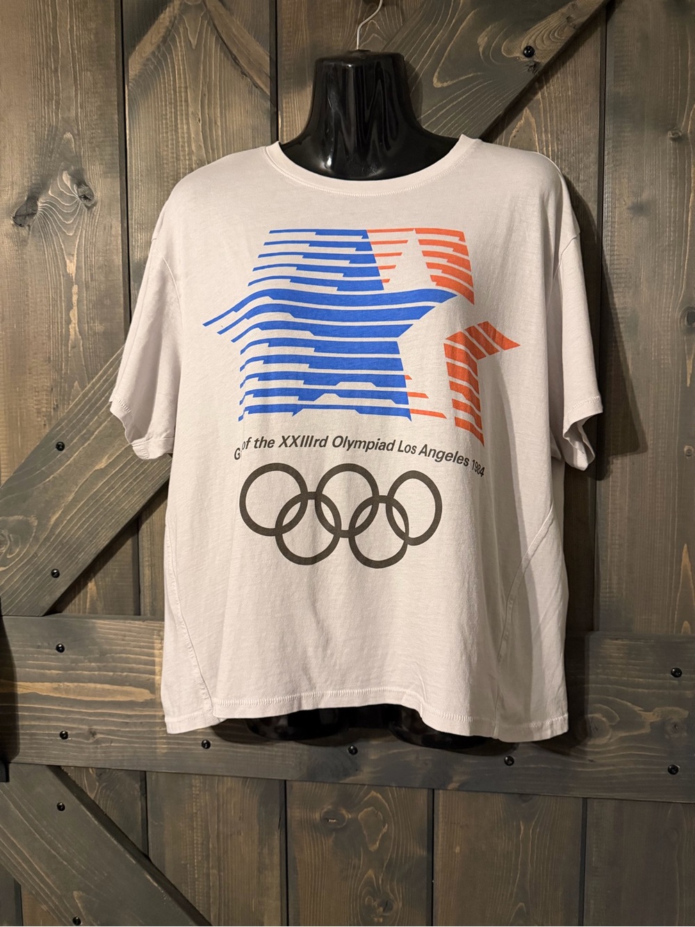 Los Angeles 1984 Olympic Graphic Tee - White with Blue & Red Print XL